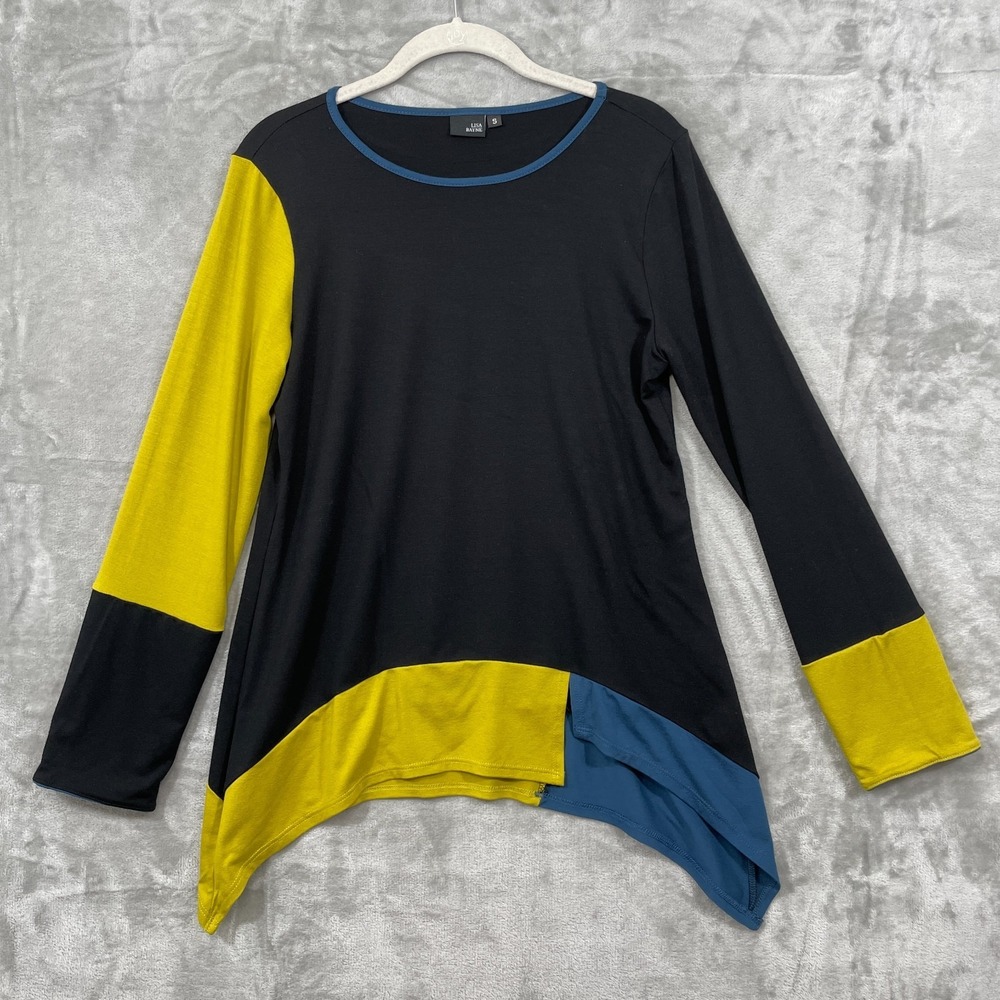Lisa Bayne Color Block Tunic Top Size‎ S Stretch Black Blue Mustard long sleeve
